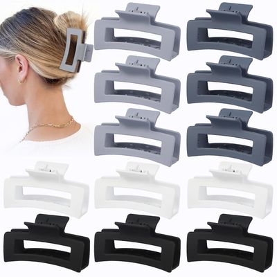12 Pcs Medium Hair Clips for Women, 3.5 Inch Square Claw Clips, Colorful Hair Claw Clips for Thick and Thin Hair, Bulk Hair Accessories for Women and Girls- Grey