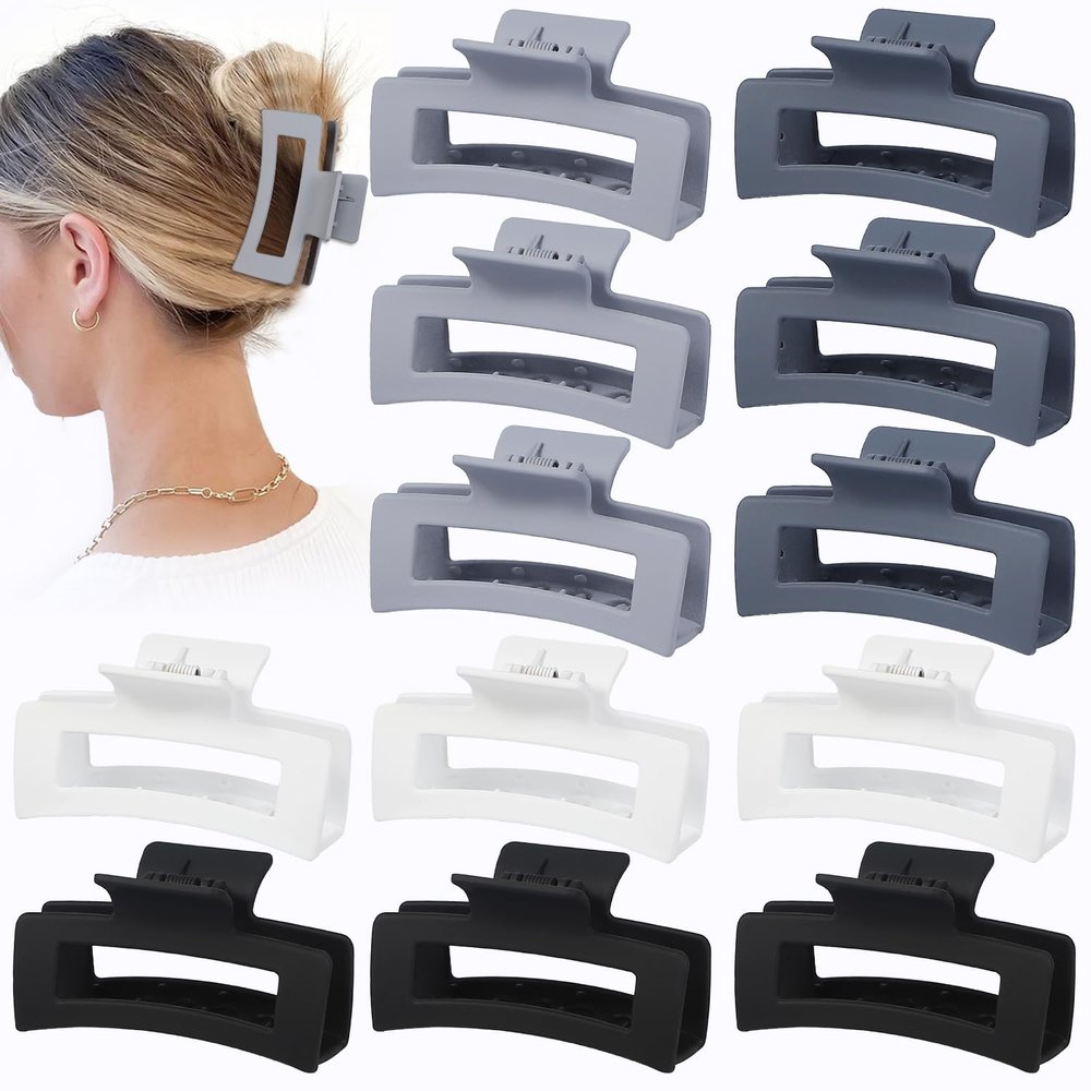 12 Pcs Medium Hair Clips for Women, 3.5 Inch Square Claw Clips, Colorful Hair Claw Clips for Thick and Thin Hair, Bulk Hair Accessories for Women and Girls- Grey