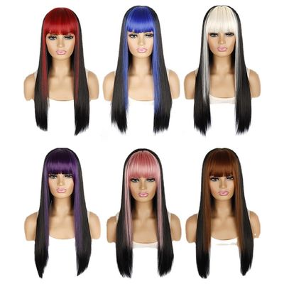MOONSHOW Black Mix Colored Wig with Bangs Long Straight Wig with Bangs Silky Synthetic Replacement Hair Wig Two Color Daily Wigs Heat Resistant Wig Split Color Wig Cosplay Wig Party Wig (60HT2#)
