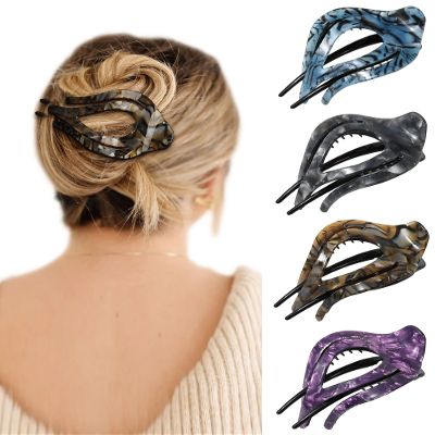 French Concord Curved Hair Clips - 4Pcs Acrylic Claw Clips for Women's Thick or Flat Hair, Strong Hold (Medium, Rock Pattern in Blue/Coffee/Gray/Purple)