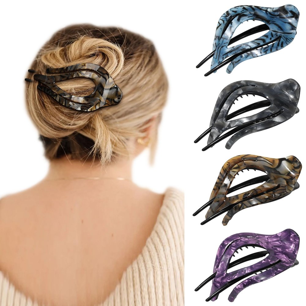 French Concord Curved Hair Clips - 4Pcs Acrylic Claw Clips for Women's Thick or Flat Hair, Strong Hold (Medium, Rock Pattern in Blue/Coffee/Gray/Purple)