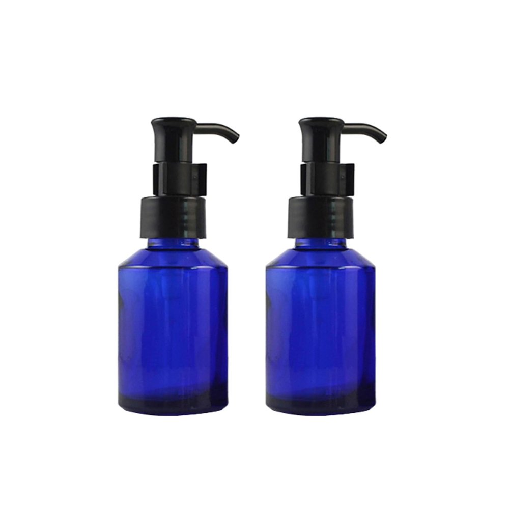 2PCS 60ml/2oz Empty Glass Lotion Pump Bottles Soap Dispenser Travel Cosmetic Makeup Toiletries Liquid Sample Package Container Storage Jar with Black Pump Top for Essence Shampoo Shower Gel (Blue)