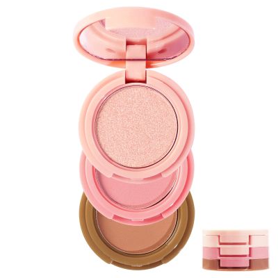 3-in-1 Blendable Trio, Contour and Highlight Blush Makeup Palette, Cream Bronzer, Silky Smooth Powder Blush, Shimmer Highlighter Makeup Powder, Travel-Friendly Stackable Make Up Kit with Mirror(02)