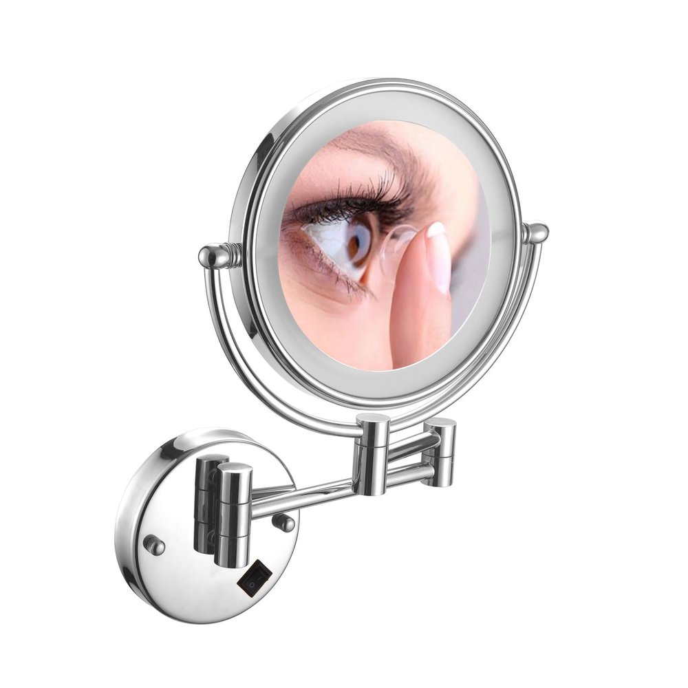 ATYUJKB Makeup Mirror Wall Mounted, Extendable Long Arm Make up Mirror, Makeup Mirror with LED Lights and Magnification, Bathroom Shaving Vanity Mirror, for Make up (Silver Charge 5X)