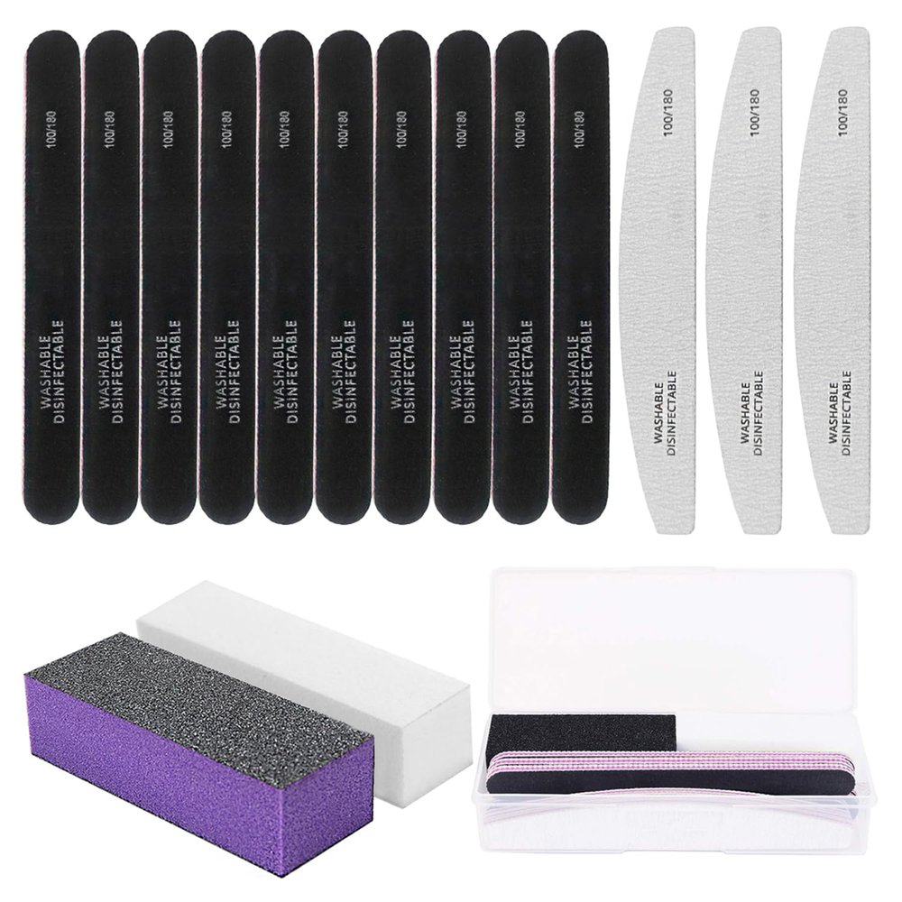 16PCS Nail Files and Buffer with Storage Box,Professional Manicure Pedicure Kit White Buffer Block Reusable 100/180 Grit Nail Files Emery Board Black for Nature Acrylic Nails Home Salon Travel Use