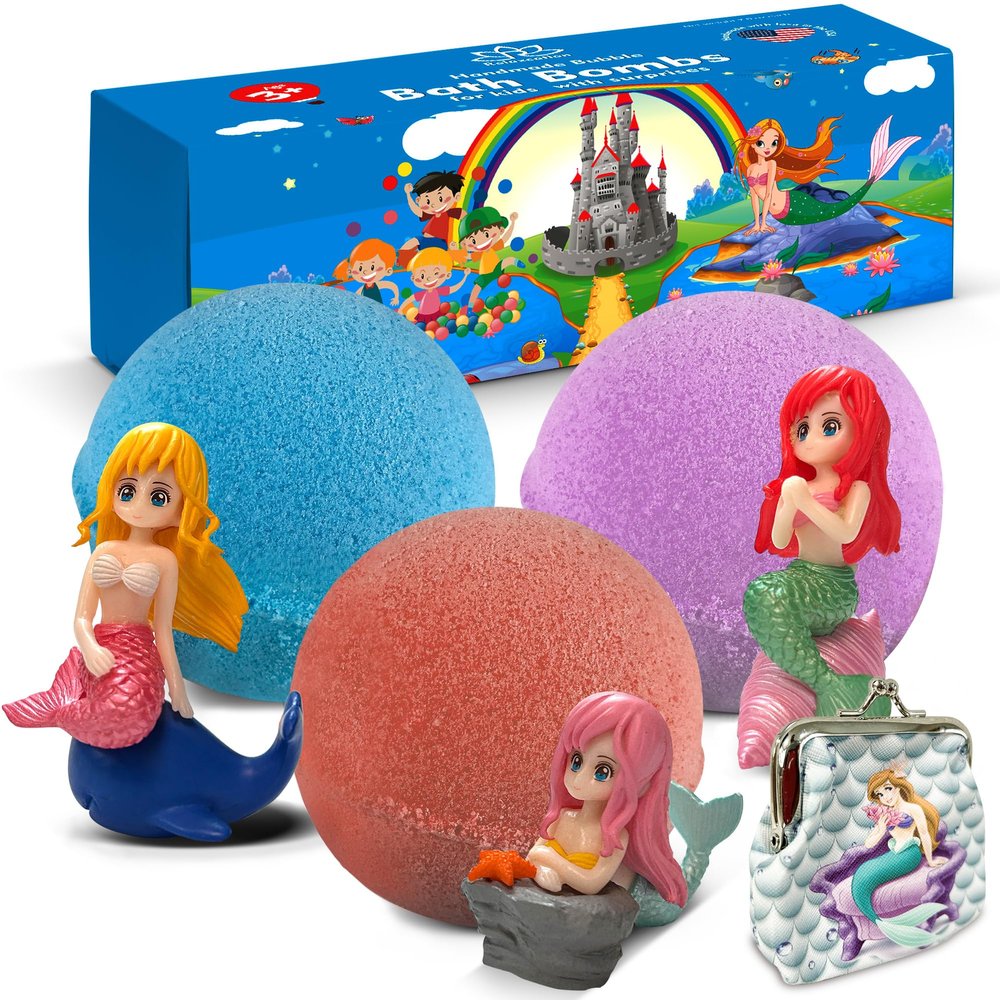3 Bath Bombs for Kids with Mermaid Toys Inside + Bonus Wallet for Kids - Cool Surprise for Girls, Boys, Teens - Handmade in USA