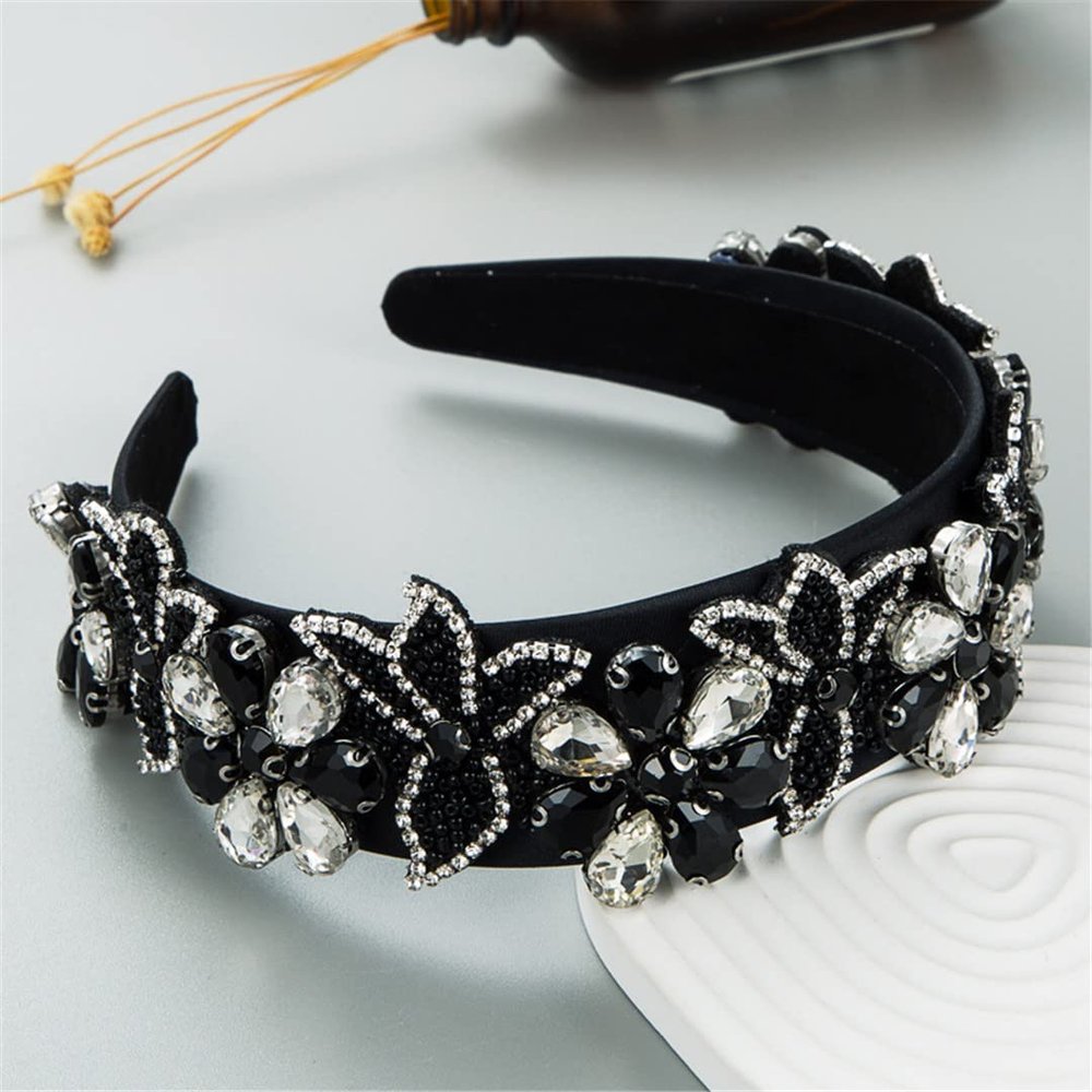 Baroque Shiny EN8 Crystal Flower Jewelry Headband Hair Accessories For Women's Wedding Party Black