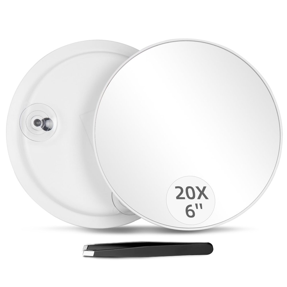 20X Magnifying Mirror and Tweezers Kit, 6 Inch Round Compact Mirror with 3 Suction Cups, Portable Cosmetic Magnifier for Women & Men