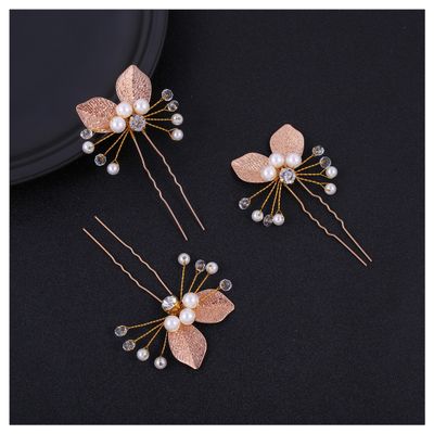 3pcs Baroque Gold Leaf U-shaped hairpin Handmade pearl rhinestone Accessories for Brides and Flower Girls (Gold)