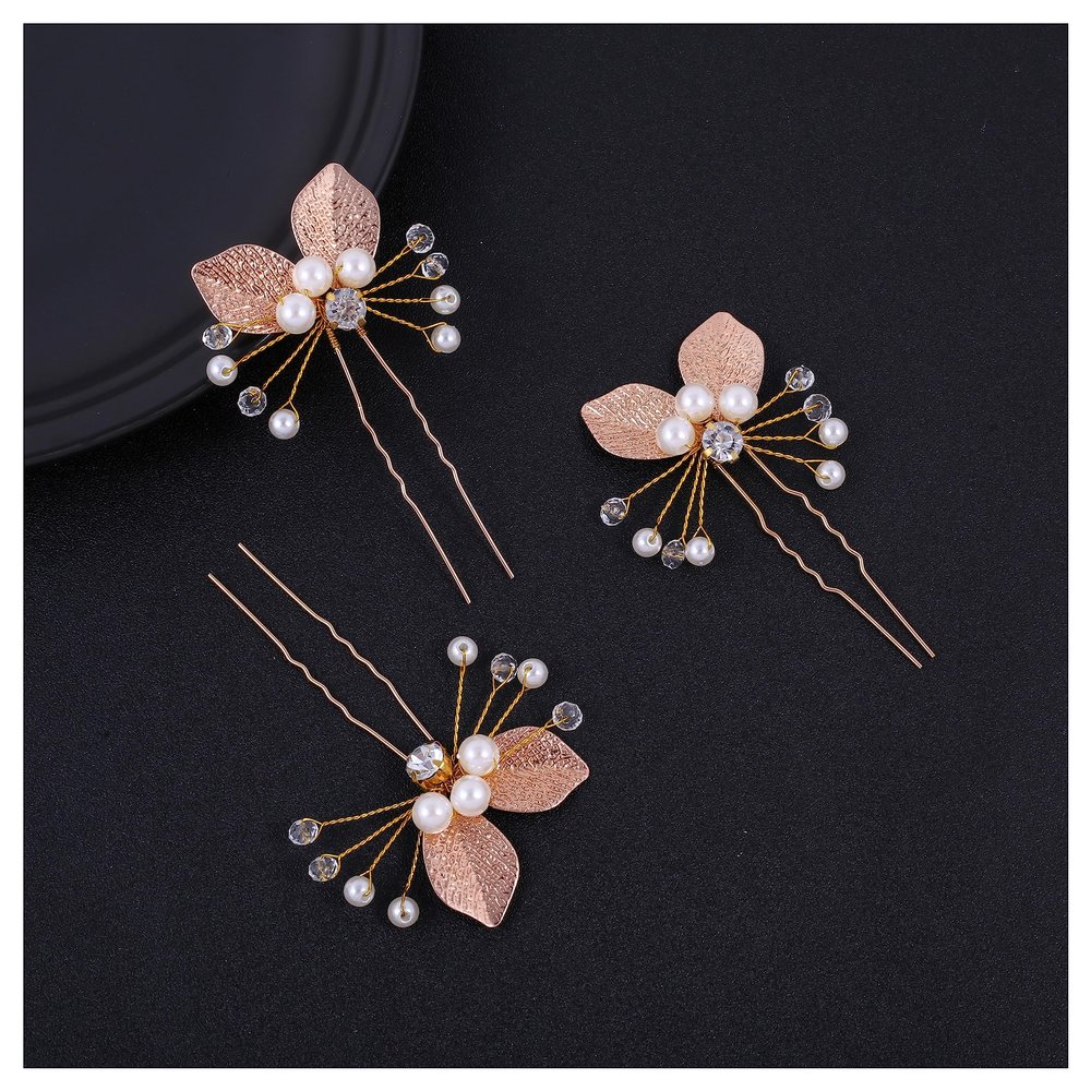 3pcs Baroque Gold Leaf U-shaped hairpin Handmade pearl rhinestone Accessories for Brides and Flower Girls (Gold)