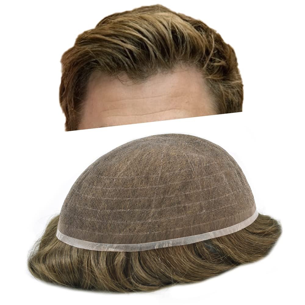 Toupee for Men Human Hair System Replacement French Lace Mens Toupee Hairpieces Lace Hair Piece Unit Wigs for Men (#6 Light Brown-100% Light to Med-Light Density, 8''X10'')