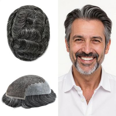 Hair Wonders Toupee For Men Real Human Hair Soft Swiss Lace Hair Replacement System For Mens Toupee Hair System Hairpiece For Men 7x9Medium light density #1B40 1B# OFF BLACK+40% GREY