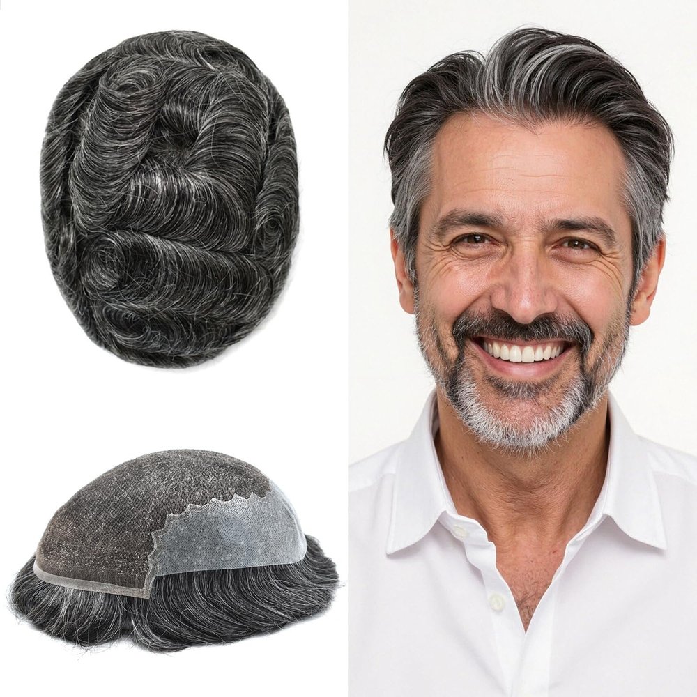 Hair Wonders Toupee For Men Real Human Hair Soft Swiss Lace Hair Replacement System For Mens Toupee Hair System Hairpiece For Men 7x9Medium light density #1B40 1B# OFF BLACK+40% GREY