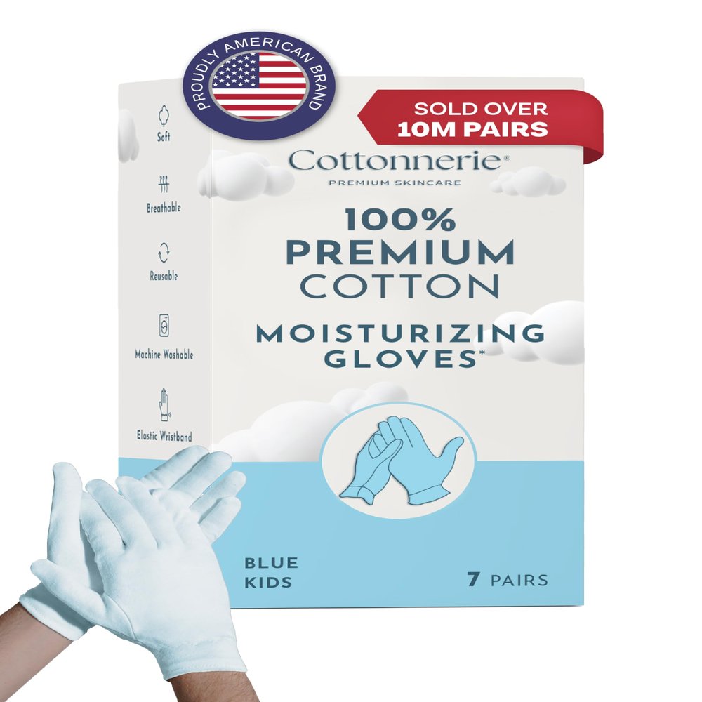 7 Pairs Cottonnerie Kids Blue 100% Premium Cotton Moisturizing Gloves for Kids: Dry Hands & Eczema | Overnight Lotion Treatment for Children, Girl & Boy | Reusable, Free Washing Bag, 2-5 Years
