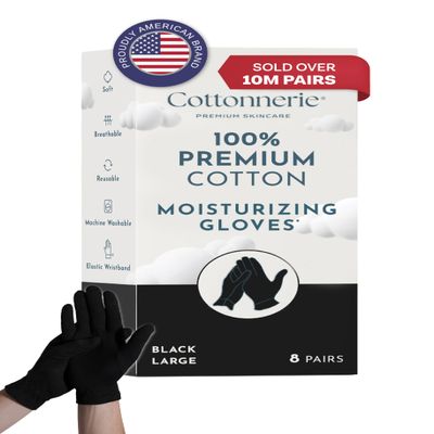 8 Pairs Cottonnerie Cotton Gloves for Dry Hands Sleeping, Moisturizing Gloves Overnight, Hand Moisturizer Gloves, Moisture Gloves for Dry Hands Overnight, Eczema Gloves, Large, Black