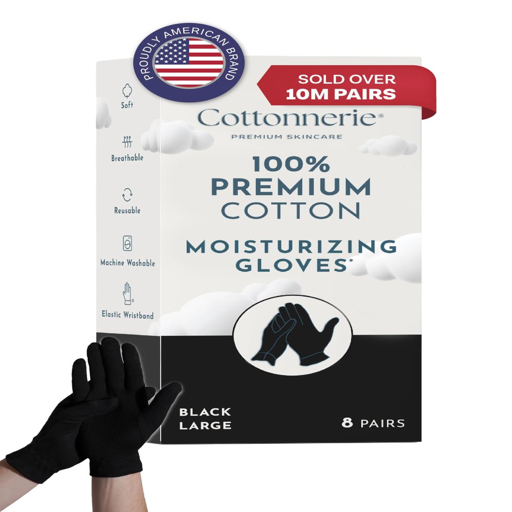 8 Pairs Cottonnerie Cotton Gloves for Dry Hands Sleeping, Moisturizing Gloves Overnight, Hand Moisturizer Gloves, Moisture Gloves for Dry Hands Overnight, Eczema Gloves, Large, Black
