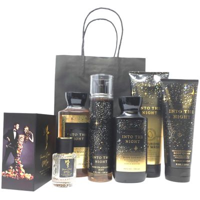 Bath And Body Into The Night Gift Bundle With Fawn Over Me Perfume And Gift Bag ( Wash, Lotion, Gel, Mist, Cream )