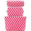 ZLFSRQ 3Pcs Makeup Bag Checkered Cosmetic Bag Set Travel Toiletry Bags for Purse Large Small Makeup Pouch for Women Cute Preppy Pencil Pouch Case Pink Zipper Skincare Bags view 1