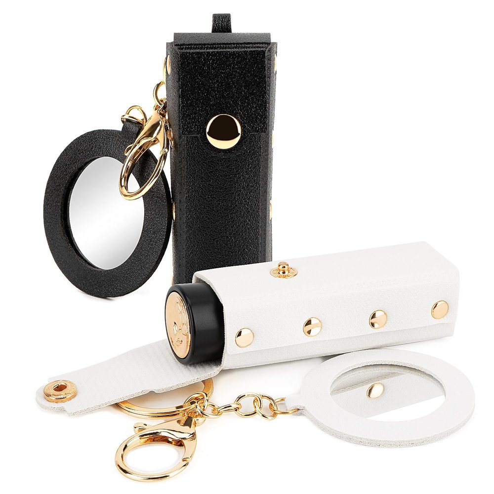 Adorila 2 Pack Lipstick Organizer Keychain, Leather Lipstick Case with Mirror for Women, Portable Lip Gloss Bag Lip Balm Holder for Travel (Black & White)