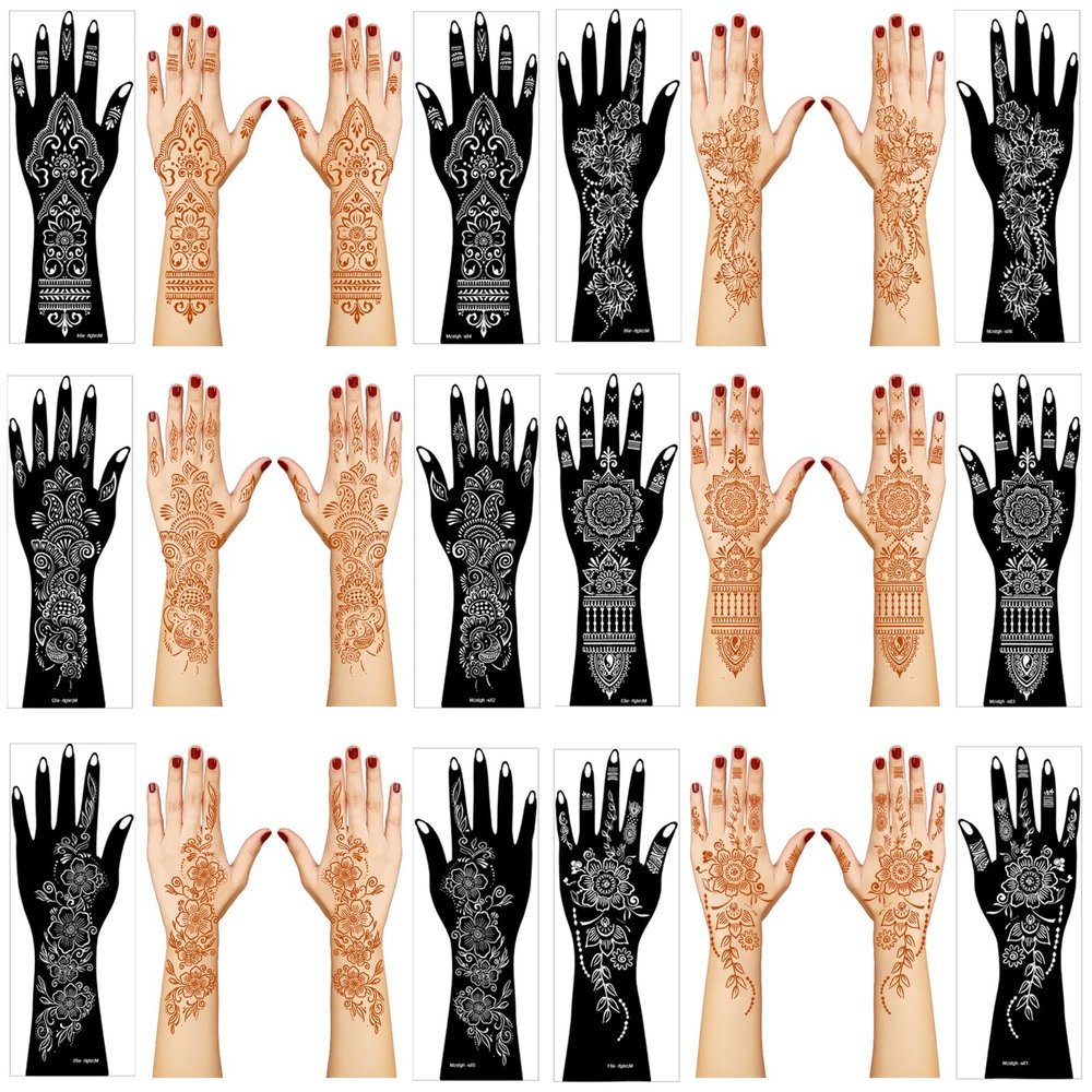 Henna Tattoo Stencil Kit,12 Sheets Stickers for Henna Tattoo Hand Forearm Glitter Airbrush DIY Tattooing Template, Large Indian Temporary Tattoo Stickers