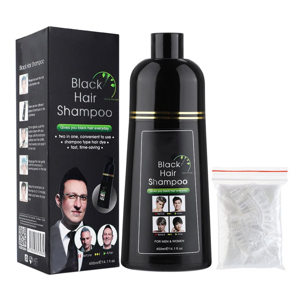 Black Hair Shampoo - Instantly Black Hair Dye, Natural Ingredients Hair Shampoo, Hair Strength Repair Conditioner, 5 Minutes Cover (Black Hair Dye 14 fl oz)