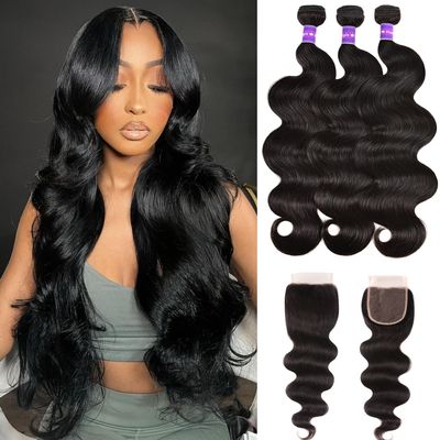 10A Body Wave Bundles with Closure for Black Women(26 28 30+20)100% Unprocessed Body Wave Virgin Human Hair 3 Bundles with 4x4 Lace Closure Brazilian Human Hair Weave Bundles with Closure