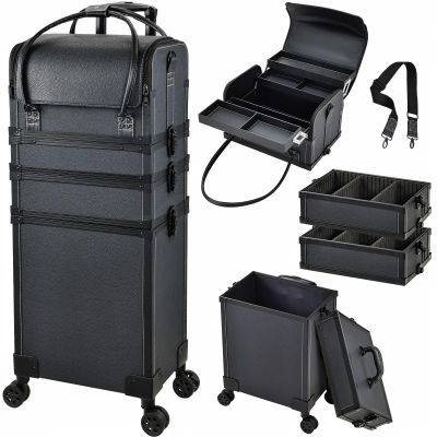 Costravio 5 in 1 Rolling Makeup Case Transformable Train Case, Black Vegan Leather Cosmetology Case on Wheels, Travel Cosmetic Storage Cases for for Hairstylist Artist Nail Beauty Salon Barber