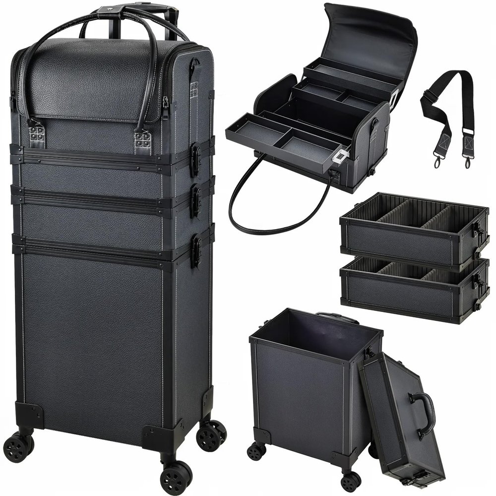 Costravio 5 in 1 Rolling Makeup Case Transformable Train Case, Black Vegan Leather Cosmetology Case on Wheels, Travel Cosmetic Storage Cases for for Hairstylist Artist Nail Beauty Salon Barber
