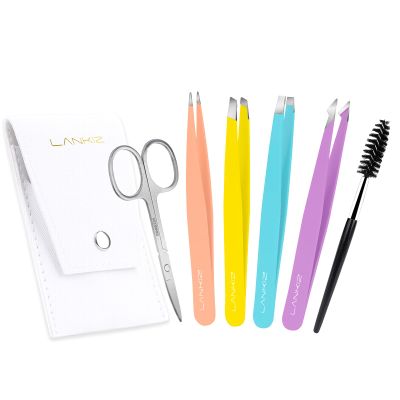 LANKIZ Tweezers for Women Facial Hair Precision Stainless Steel Eyebrow Tweezers for Men and Women, Slant & Pointed Tips for Facial Hair Removal, Ingrown Hairs, Splinters Travel Case, MultiColor