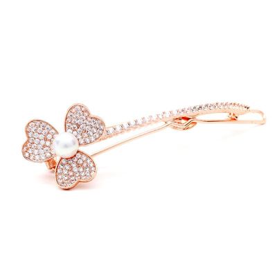 14K Gold Pearl Hair Clip with Trefoil Hair Clip, Pearl Hair Comb and Crystal Hairclip, Stunning Hair Accessories for Women,Girls (Yellow Gold)