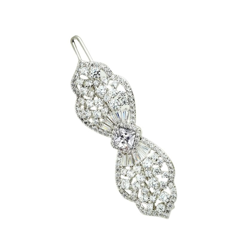 14K Gold Crystal Barrette, Flower Headpiece and Bow Hairclip, Sparkle in Style with Bling Hair Accessories Gift for Her (White)