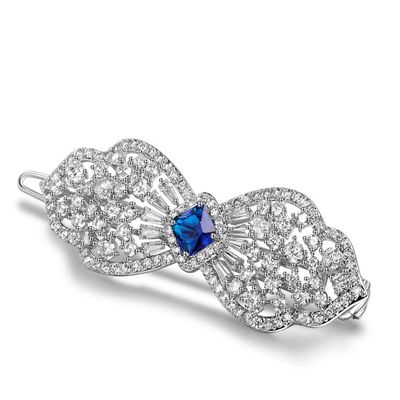 14K Gold Crystal Barrette, Flower Headpiece and Bow Hairclip, Sparkle in Style with Bling Hair Accessories Gift for Her (Blue)