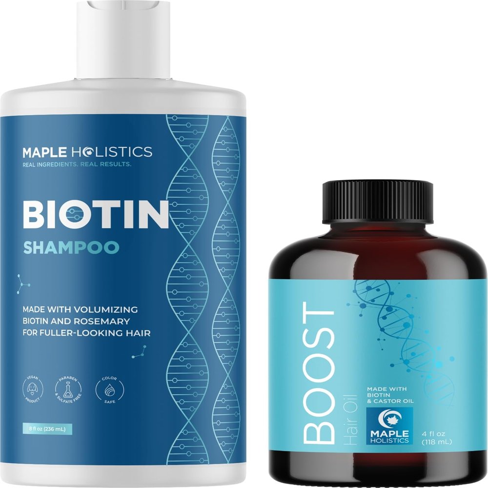 Sulfate Free Biotin Shampoo and Hair Growth Serum Bundle - Vegan Thickening Shampoo and Serum with Castor and Rosemary Oils for Dry, Damaged Hair