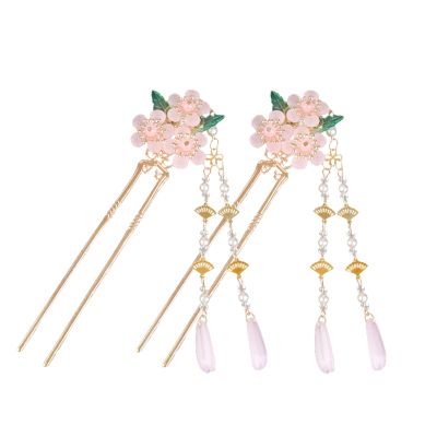 2PCS Pink Flower Tassel Hairpin Flower Pearl Headwear Vintage Hair Pins Hair Sticks Hanfu Handmade Crafts Set