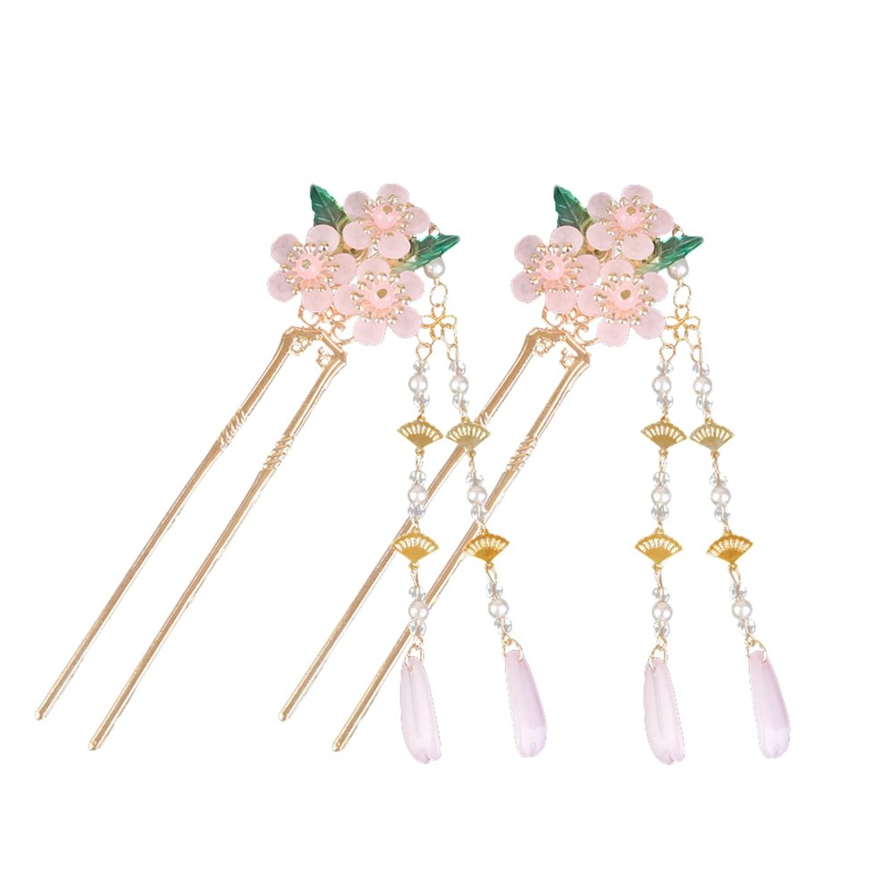 2PCS Pink Flower Tassel Hairpin Flower Pearl Headwear Vintage Hair Pins Hair Sticks Hanfu Handmade Crafts Set