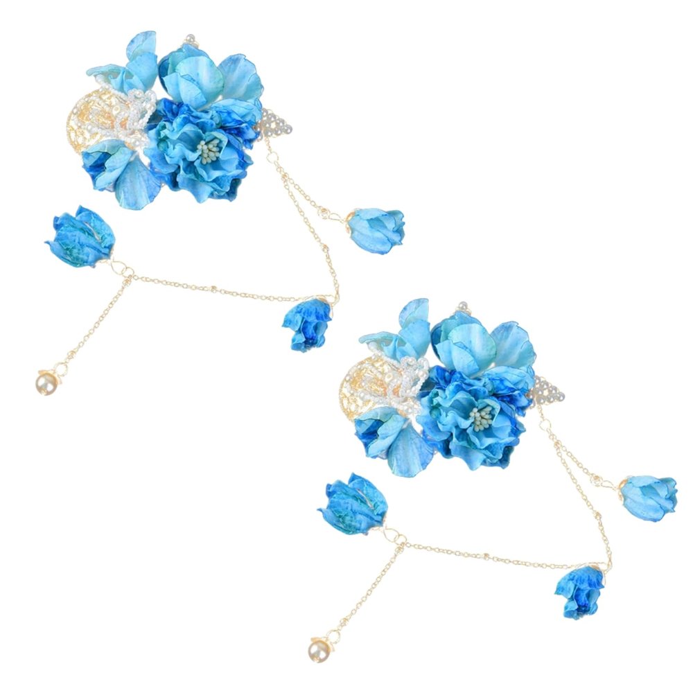 2PCS Blue Rose Tassel Hairpin Flower Pearl Headwear Vintage Hair Pins Hair Sticks Hanfu Handmade Crafts Set