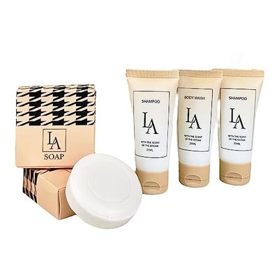 LA Toiletries  Travel Size Toiletries Kit 75 Pack - 25 Round Soaps, 25 Shampoo, and 25 Bodywash - Scent of the Ocean - Perfect for Travelers, Guesthouses, Spas, and Gyms