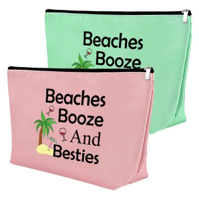 2Pcs Beach Gifts for Women Makeup Bag Beach Lover Gifts Funny Vacation Gift Cosmetic Bag Beach Themed Gift for Girl Bestie Birthday Christmas Graduation Gift for Beach Lover Travel Pouch (Green,Pink)