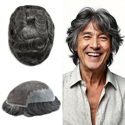 Hair Wonders Toupee For Men Real Human Hair Soft Swiss Lace Hair Piece Replacement System For Mens Toupee Hair System Hairpiece For Men 8x10Medium light density #1B50 1B# OFF BLACK+50% GREY