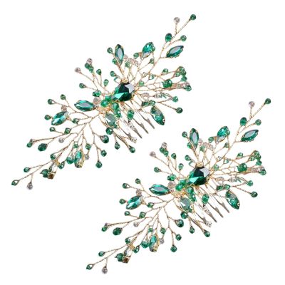 2pcs Green Zircon Hair Comb Hairpin Elegant Bride Bridesmaid Headwear Vintage Hair Pins Hair Sticks Hanfu Handmade Crafts