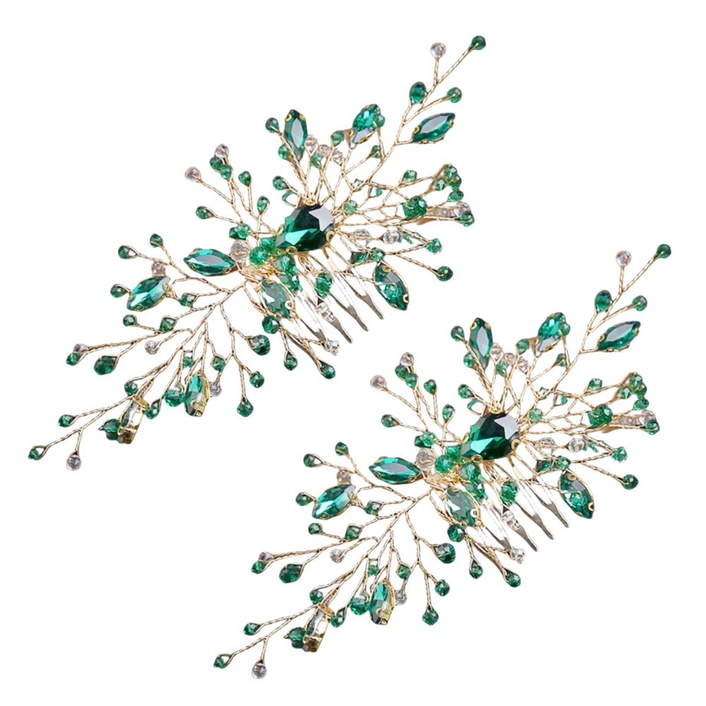 2pcs Green Zircon Hair Comb Hairpin Elegant Bride Bridesmaid Headwear Vintage Hair Pins Hair Sticks Hanfu Handmade Crafts