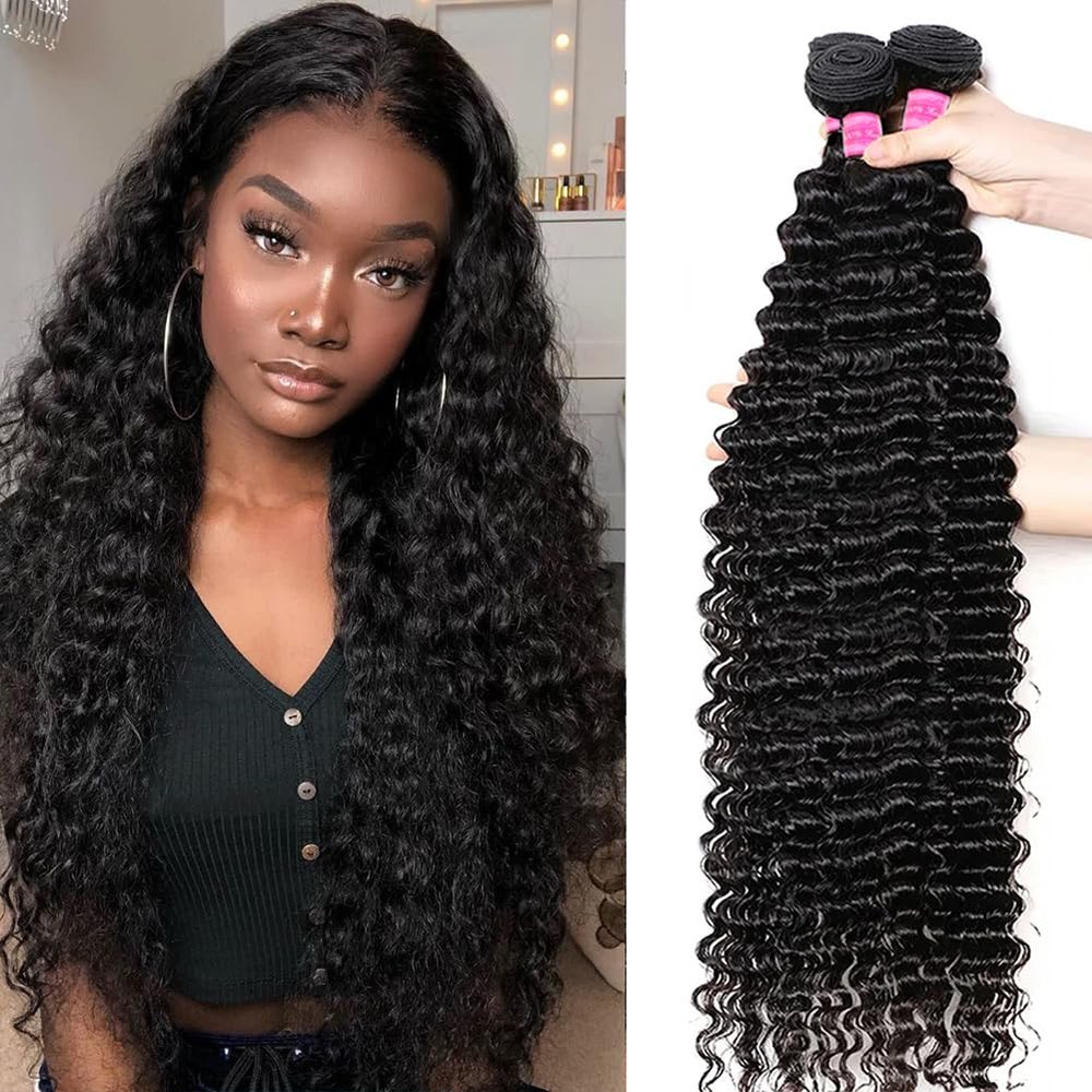 10A Deep Wave Bundles Human Hair 22 24 26 Inch 100% Unprocessed Brazilian Raw Virgin Hair 3 Bundles Natural Black Wavy Bundles Human Hair for Black Women