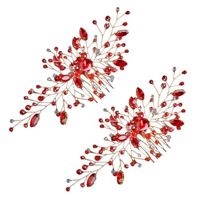 2pcs Red Zircon Hair Comb Hairpin Elegant Bride Bridesmaid Headwear Vintage Hair Pins Hair Sticks Hanfu Handmade Crafts