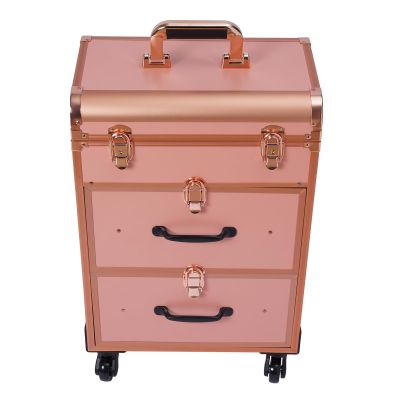 CeRaBuRET Rolling Makeup Case With 3 Layers, Large Cosmetic Trolley with Locks, Make up Bag with dividers, Travel Makeup Rolling Case for Private Homes, Parties (Gold)