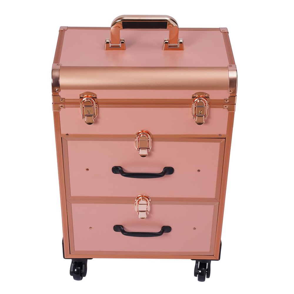 CeRaBuRET Rolling Makeup Case With 3 Layers, Large Cosmetic Trolley with Locks, Make up Bag with dividers, Travel Makeup Rolling Case for Private Homes, Parties (Gold)