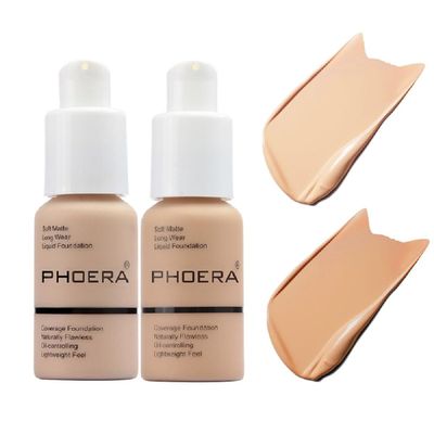 2 Pack PHOERA Foundation 102# Nude and 104# Buff Beige,Full Coverage Flawless Soft Matte 24 HR Oil Control Waterproof Concealer Liquid Foundation Makeup. 