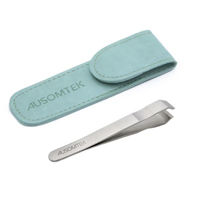 AUSOMTEK Beard & Hair Plucking Tweezers, Fine Eyebrow Tool, Stainless Steel, 10mm Tip, Anti-Slip Slot Design, Cyan PU Case
