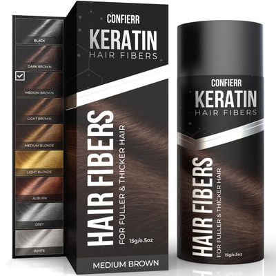 CONFIERR Keratin Hair Fibers for Men & Women - Fill In Fine or Thinning Hair, Instantly Thicker, Fuller Looking Hair (Medium Brown 15g)