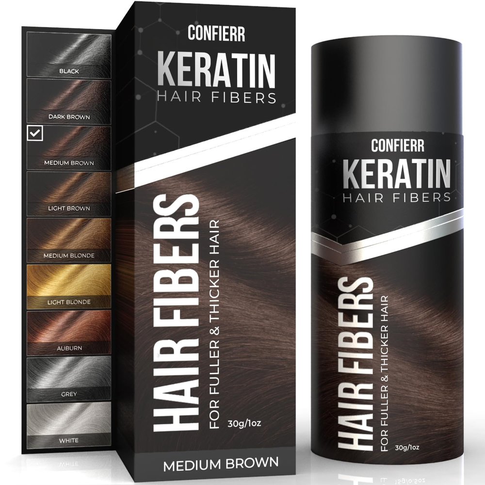 CONFIERR Keratin Hair Fibers for Men & Women - Fill In Fine or Thinning Hair, Instantly Thicker, Fuller Looking Hair (Medium Brown 30g)
