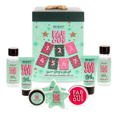 MAD BEAUTY FabYuleOus 7 Day Beauty Garland Advent Calendar, 7 Days of Bath & Body Goodies, Body Wash, Lotion, Bath Salts & Fizzers, Lip Balm